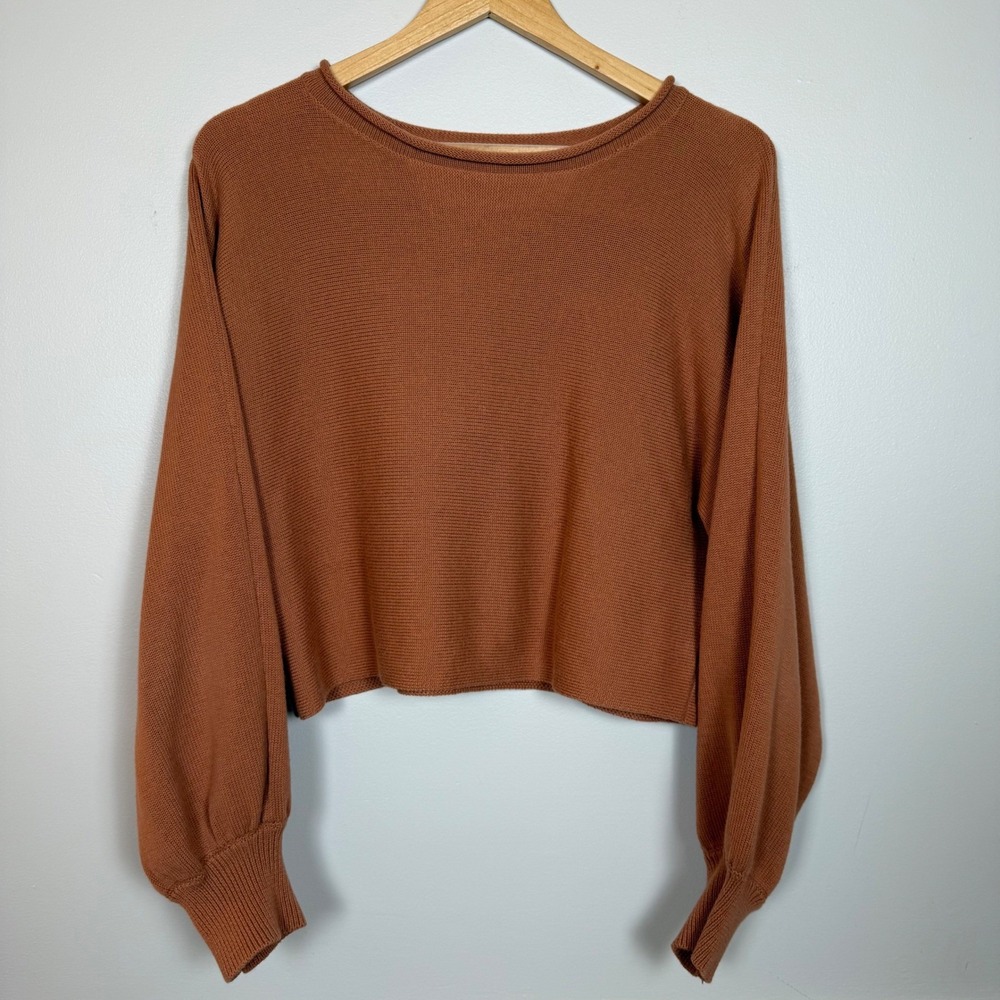 By Together Womens M Rust Brown Cropped Sweater Balloon Sleeve Cotton Knit Boho